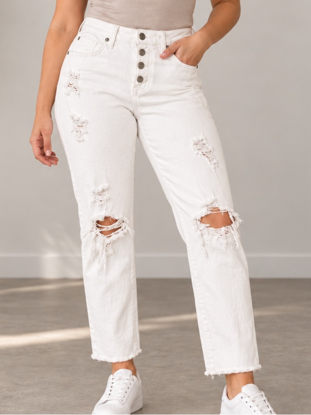 TORRID High Rise Straight White Distressed Jeans Raw Hem Size 10R